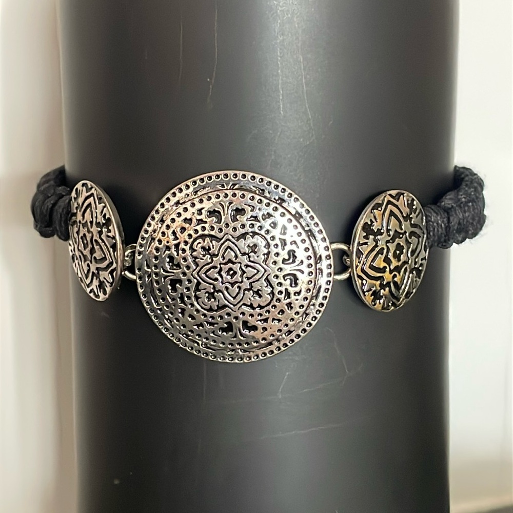 Silver Bracelet with Black Woven adjustable band